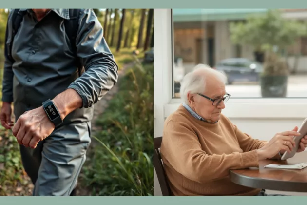 A person wearing an activity tracker and a man sittning with an iPad. Photo collage. 