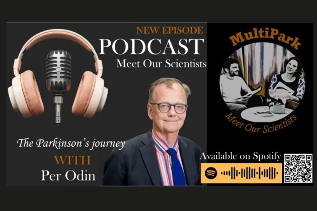 Profile photo of Per Odin with earphones and the podcast team. Collage.